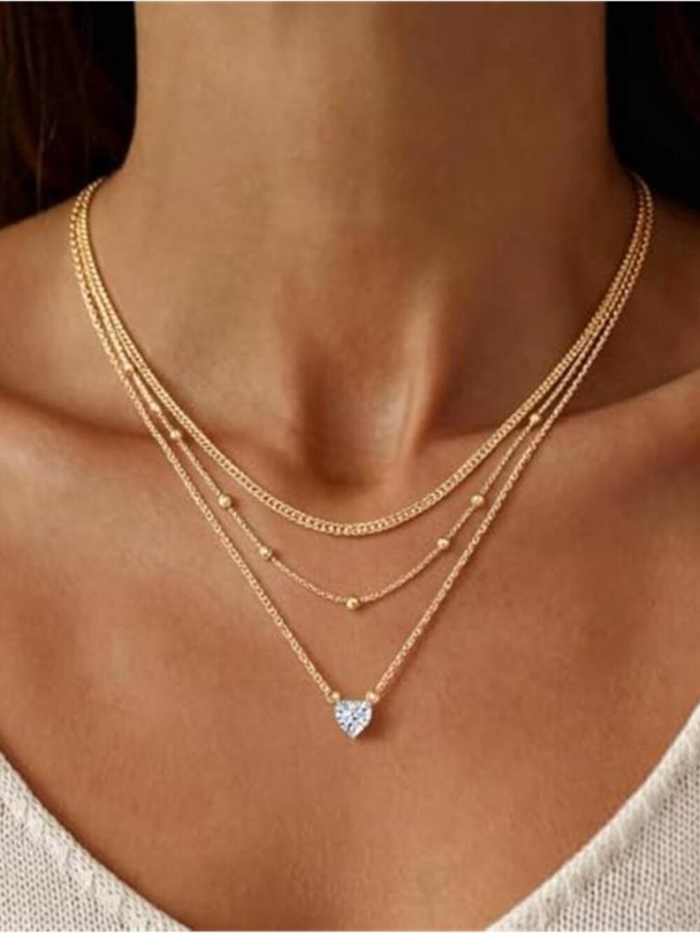 18K Gold Plated Layered Necklace Set Heart CZ Cuban Beaded Pendant